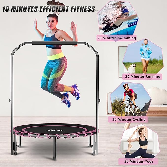 40" Fitness Trampoline with Adjustable Handle Bar Silent Mini Trampoline Bungee Rebounder Jumping Cardio Trainer Workout for Adults - Maximum Load 150 kg