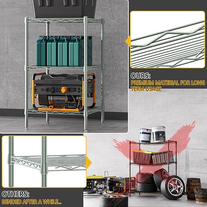 750 lbs 3 Tier Shelf Metal Storage Shelves Shelving Wire Rack Heavy Duty Closet Organizers for Garage Kitchen Bathroom Laundry Light Green 13.8" D x 13.8" W x 25.5" H