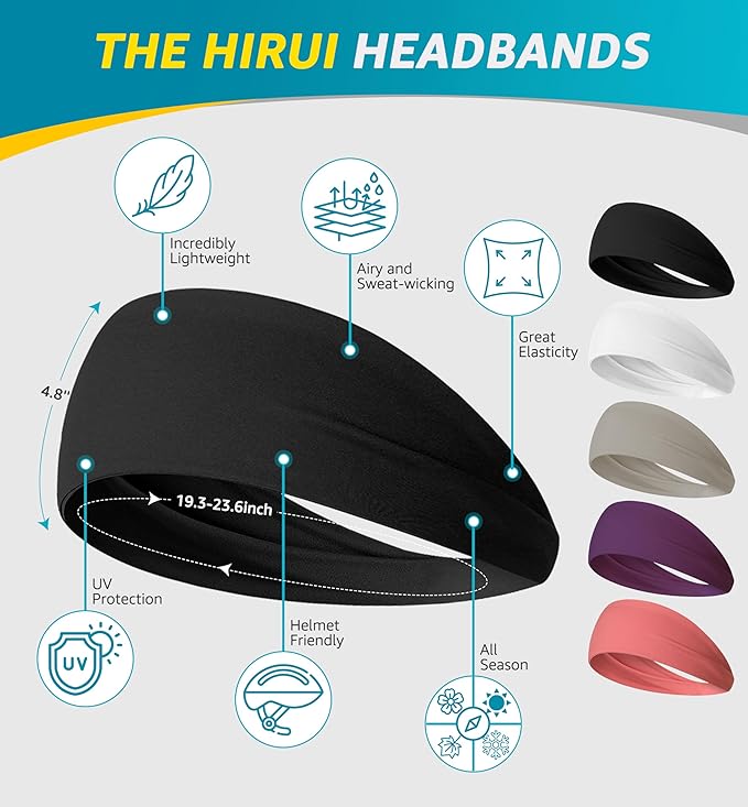 HiRui Headbands for Men Women (5Pack), Running Headbands Moisture Wicking Workout Sweatband Sports Headband for Cycling Basketball Yoga Fitness