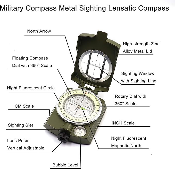 Military Compass Metal Sighting Lensatic Compass