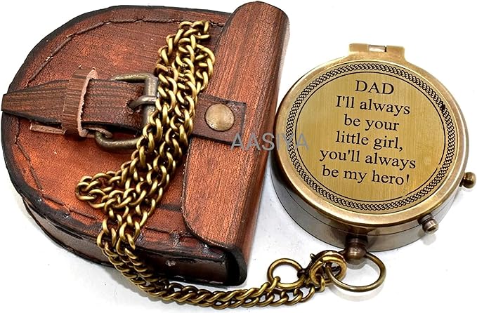 AASIYA Brass Pocket Chain Compass With Leather Case