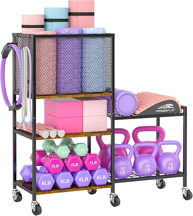 5 Tier Dumbbell Rack, Yoga Mat Storage Holder, Home Gym Storage Rack, Workout Equipment Storage Organizer, Weight Storage Holder Rack with Hooks and Wheels