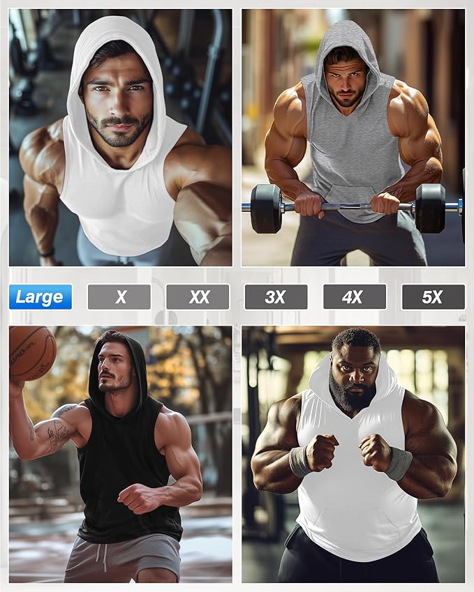 3 Pack Men's Big & Tall Workout Hooded Tank Tops, Cotton Sleeveless Gym Hoodies Bodybuilding Muscle Cut Off Shirts