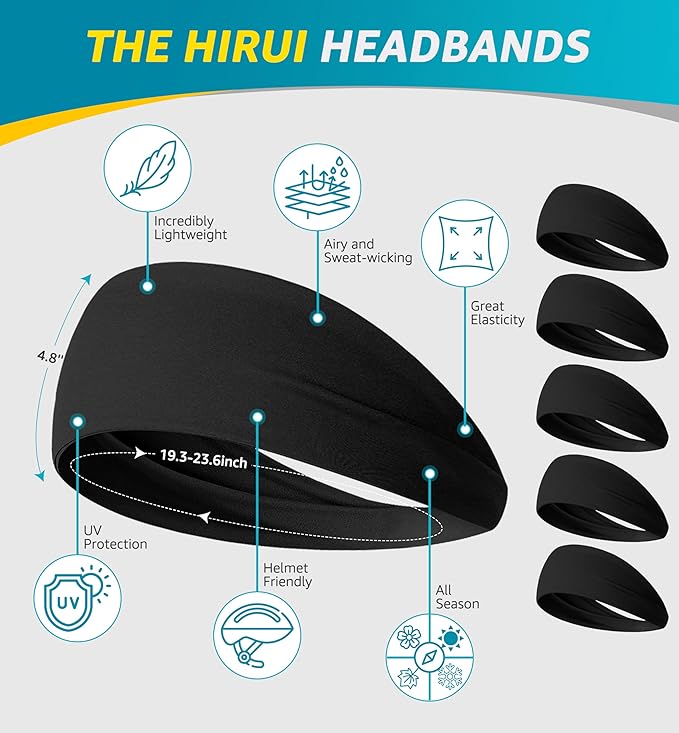 HiRui Headbands for Men Women (5Pack), Running Headbands Moisture Wicking Workout Sweatband Sports Headband for Cycling Basketball Yoga Fitness