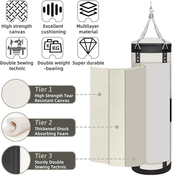 4FT Canvas Punching Bags for Adults, Hanging Heavy Boxing Bag for Kickboxing Karate Taekwondo Muay Thai Training, Max Load-Bearing 180 Lbs (Unfilled)