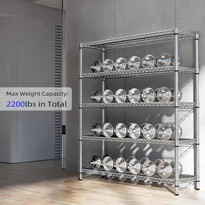 5 Tier Storage Rack Metal Wire Shelving Unit, Storage Standing Shelf Organizer for Laundry Bathroom Kitchen Pantry Closet Garage Basement Utility Room, Chrome 17.7" D x 59.1" W x 70.4" H