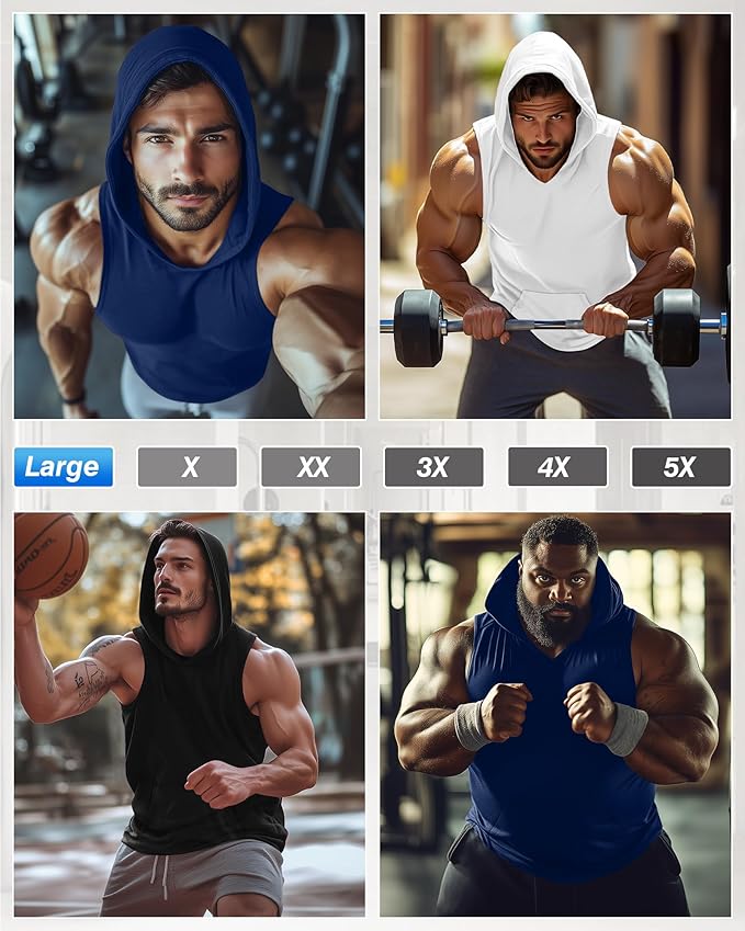 3 Pack Men's Big & Tall Workout Hooded Tank Tops, Cotton Sleeveless Gym Hoodies Bodybuilding Muscle Cut Off Shirts