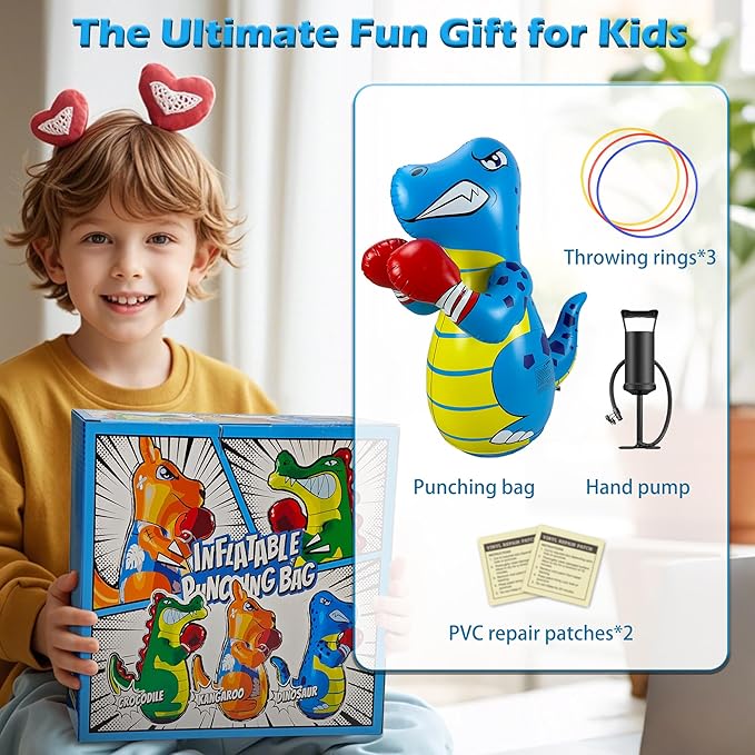 Kids Punching Bag 3-8 with Air Pump, Toddler Punching Bags for Kids, Inflatable Dinosaur Toy with Bounce- Back Action, Safe Gifts for Boys & Girls Age 3-5 Add Tossing Game