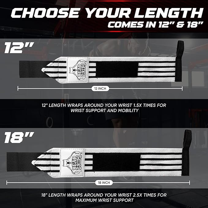 Bear Grips Wrist Wraps for Weightlifting | Weight Lifting Wrist Straps for Weightlifting | Extra Strength Gym Wrist Wraps | Two Wrist Wrap Per Pack | 12ā & 18ā | Lifting Wrist Wraps for Men & Women