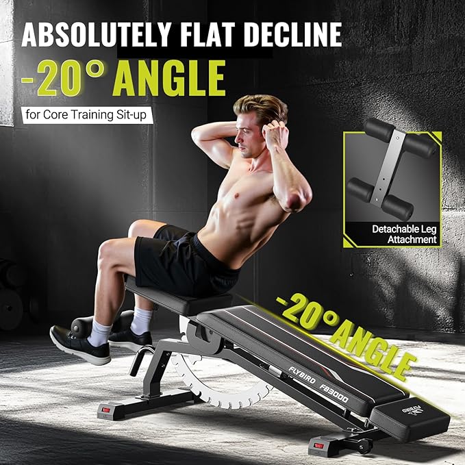 FLYBIRD Adjustable Weight Bench, Vertical Storage Space-Saving Workout Bench, 1200lbs Capacity Strength Training Bench with Detachable Headrest and Leg Support for Home Gym