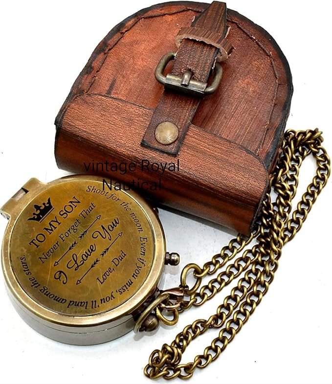AASIYA Brass Chain Compass with Leather Case