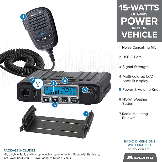 Midland – MXT115AGVP3 - 15 Watt GMRS MicroMobile 3dB gain