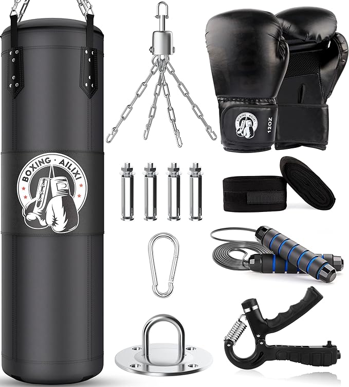 4FT Punching Bag for Adults/Kids, Unfilled Heavy Punching Bag, Boxing Bag Set with Punching Gloves, Wraps, Chain, Ceiling Hook for MMA Kickboxing Boxing Karate Muay Thai Taekwondo