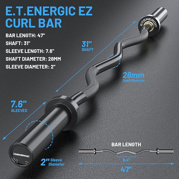 47" Olympic EZ Curl Bar 500-lbs Capacity Steel 2" Barbell