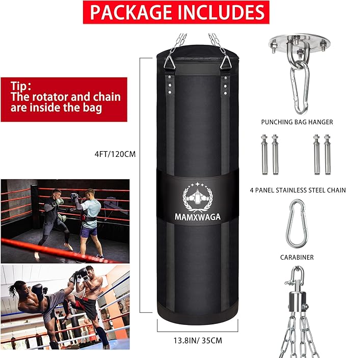 4FT Canvas Punching Bags for Adults, Hanging Heavy Boxing Bag for Kickboxing Karate Taekwondo Muay Thai Training, Max Load-Bearing 180 Lbs (Unfilled)