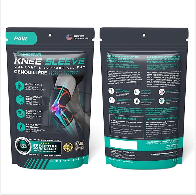 Modvel 2 Pack Knee Brace for Women & Men - Workout Knees Compression Sleeve for Knee Pain Relief Joint Support for ACL, Arthritis, Meniscus Tear Knees Brace for Sports, Rodilleras para Gym Fitness