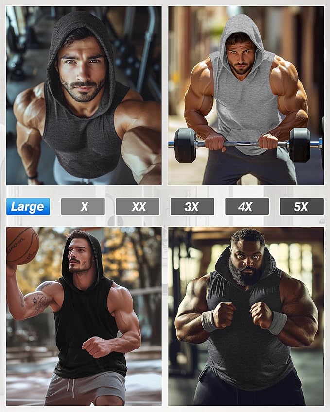 3 Pack Men's Big & Tall Workout Hooded Tank Tops, Cotton Sleeveless Gym Hoodies Bodybuilding Muscle Cut Off Shirts