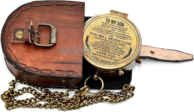 AASIYA Brass Chain Compass with Leather Case