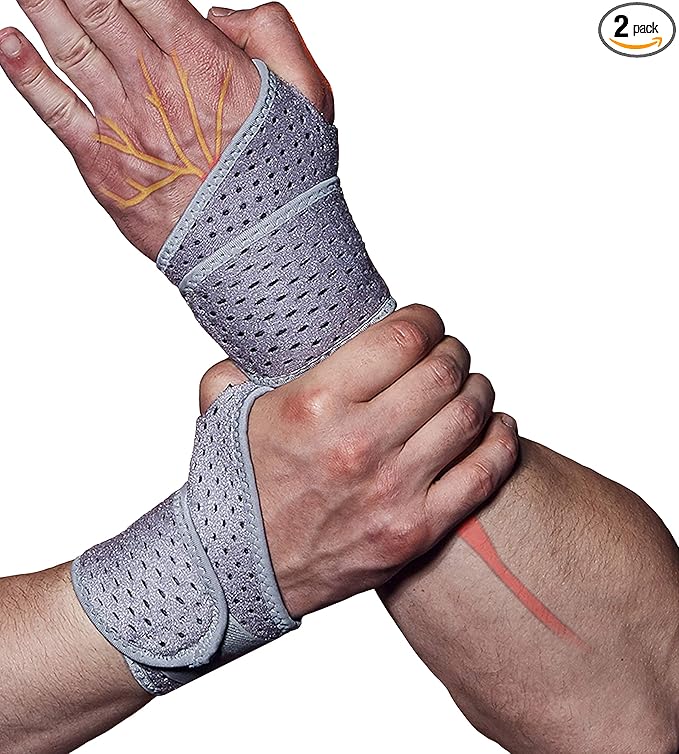 HiRui 2 Pack Wrist Compression Strap and Wrist Brace Sport Wrist Support for Fitness, Weightlifting, Tendonitis, Carpal Tunnel Arthritis, Pain Relief-Wear Anywhere-Adjustable (Gray)