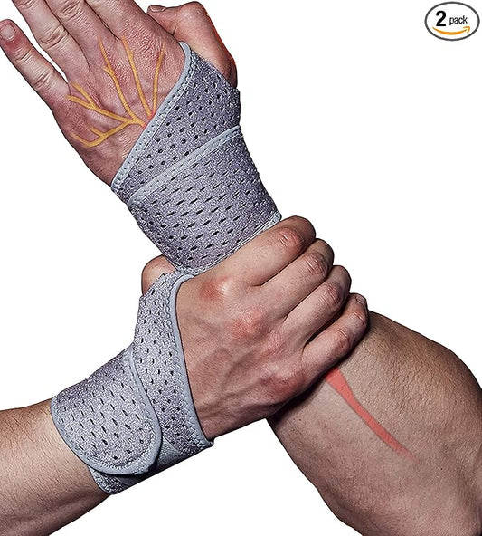 HiRui 2 Pack Wrist Compression Strap and Wrist Brace Sport Wrist Support for Fitness, Weightlifting, Tendonitis, Carpal Tunnel Arthritis, Pain Relief-Wear Anywhere-Adjustable (Gray)