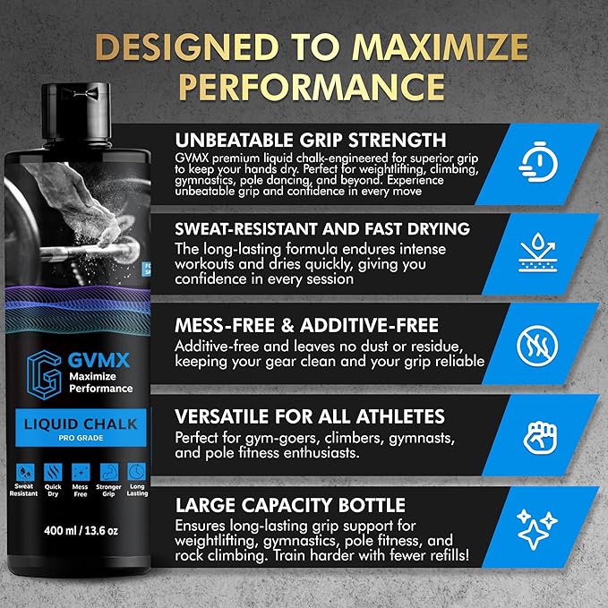 50ML/100ML/400ML Superior Grip Premium Liquid Chalk. Long Lasting Mess-Free Gym Chalk for Weightlifting, Gymnastics, Climbing. Fast Drying Refillable Gym Accessories. Package May Vary.