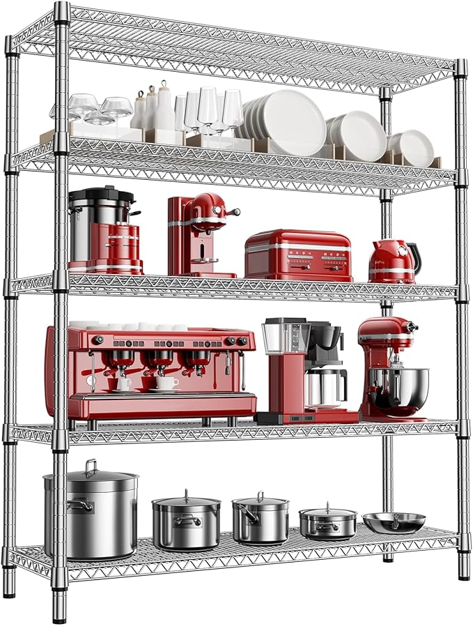 5 Tier Storage Rack Metal Wire Shelving Unit, Storage Standing Shelf Organizer for Laundry Bathroom Kitchen Pantry Closet Garage Basement Utility Room, Chrome 17.7" D x 59.1" W x 70.4" H