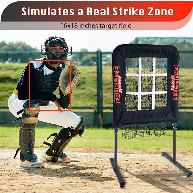 Heavy-Duty 9 Hole Pitching Net with Strike Zone, Baseball/Softball Pitching Target, Portable Height-Adjustable Pitcher Training Equipment, Includes 4 Ground Stakes and 2 Sandbags