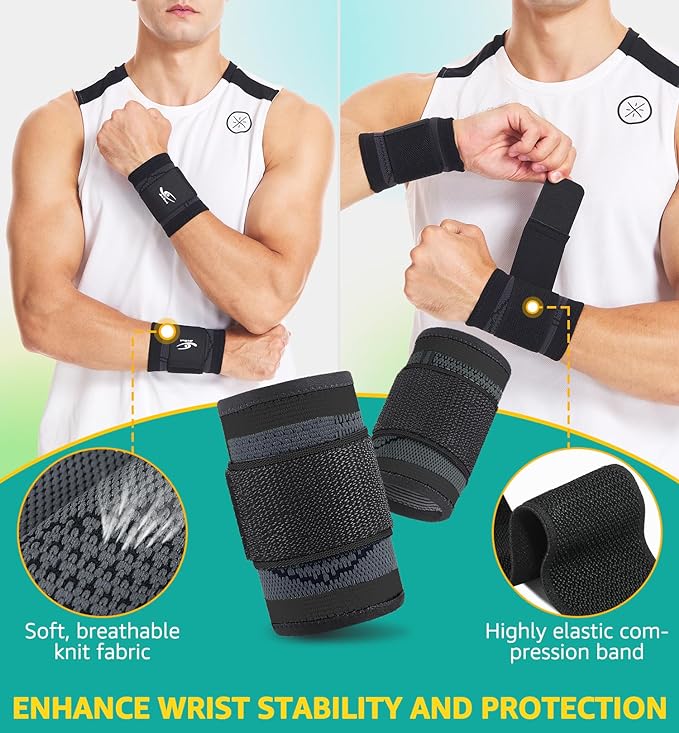 HiRui Wrist Brace Wrist Wraps Compression Wrist Strap, Wrist Support for Work Fitness Weightlifting Sprains Tendonitis, Carpal Tunnel Arthritis, Pain Relief, Adjustable Wristbands 2 PACK (Black, S)