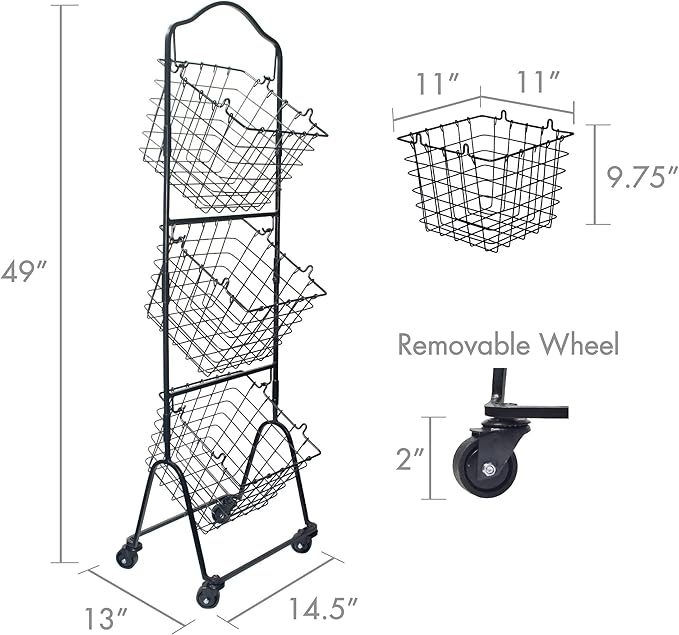 Mikasa Gourmet Basics Rio 3-Tier Rolling Storage Cart for Fruits and Vegetables, 47.75-Inch Metal Stand, Removable Baskets with Wheels, Multi-Tier Produce Organizer - Ideal for Kitchen & Pantry