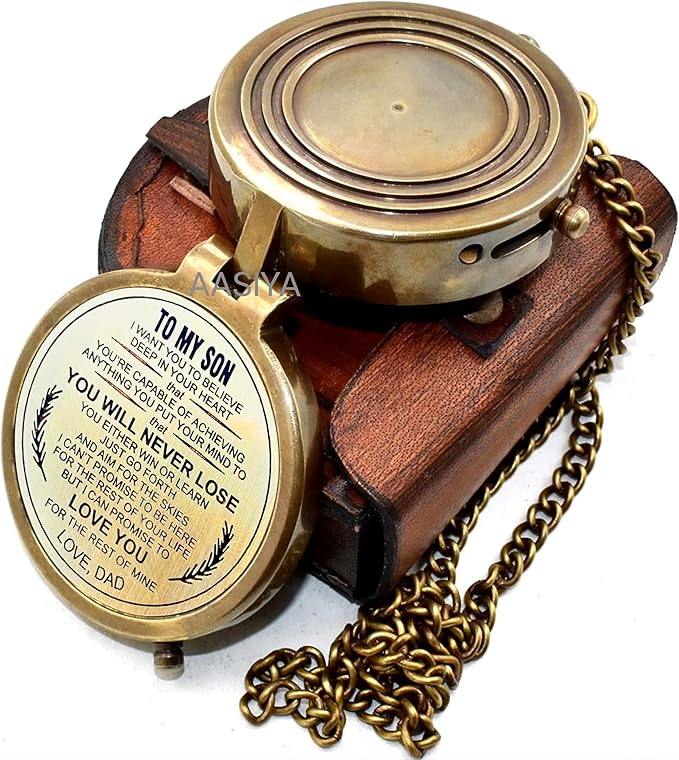 AASIYA Brass Chain Compass with Leather Case