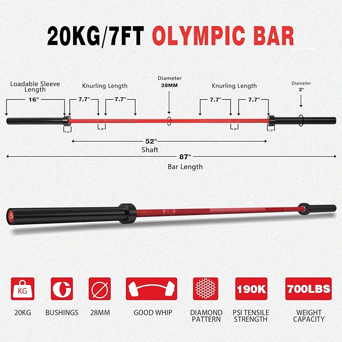 7ft Olympic Barbell for Strength Training and Olympic Weightlifting 500 700 700 1000LBS 1000LBS Capacity 2 Inch