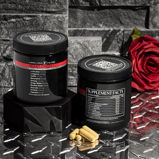 Heart of Steel: 10-in-1 Metabolic Maximizer Nitric Oxide Supplement, Blood Pressure Support, L Arginine, L Citrulline Natural Pre-Workout: Energy Management 120 Count