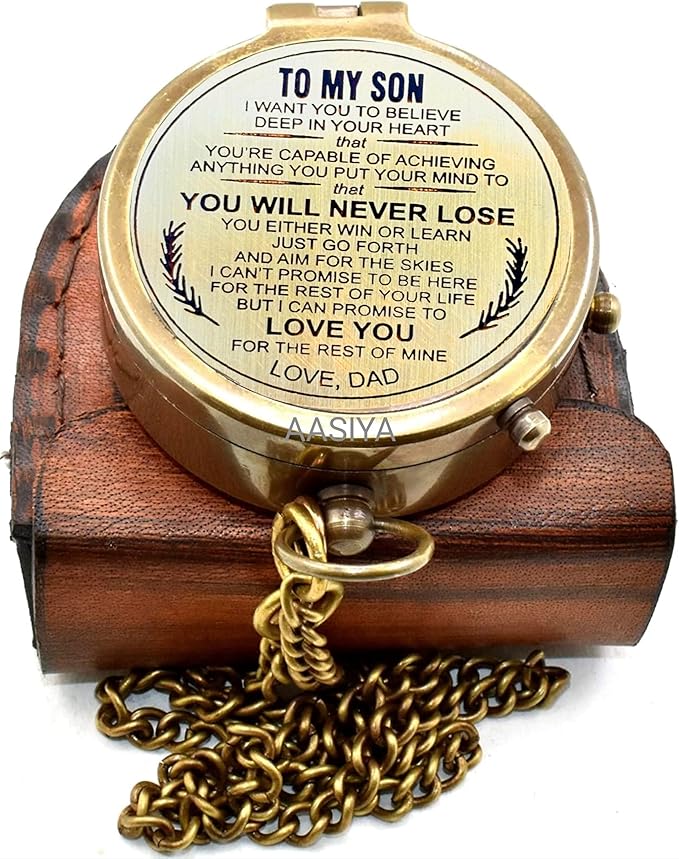 AASIYA Brass Chain Compass with Leather Case