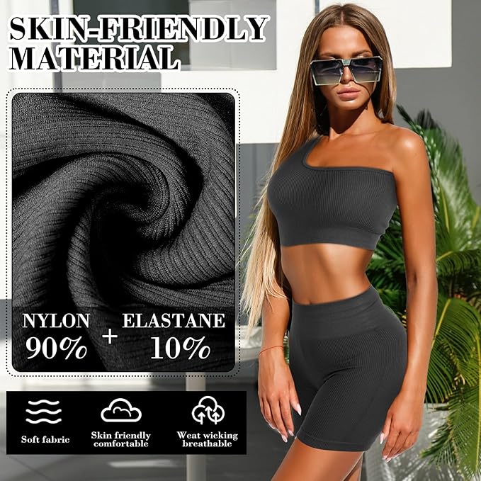 4 Pcs Women's Workout Sets Pilates Exercise Outfit Ribbed Scoop Neck Sports Bra Shorts Leggings Gym Clothes Set