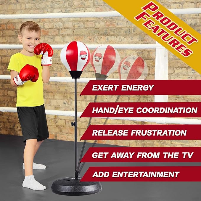 Kids Boxing Set with Stand, Includes Boxing Gloves, Punching Ball & Adjustable Stand, Sensory Sports Toys, Ages 3-10