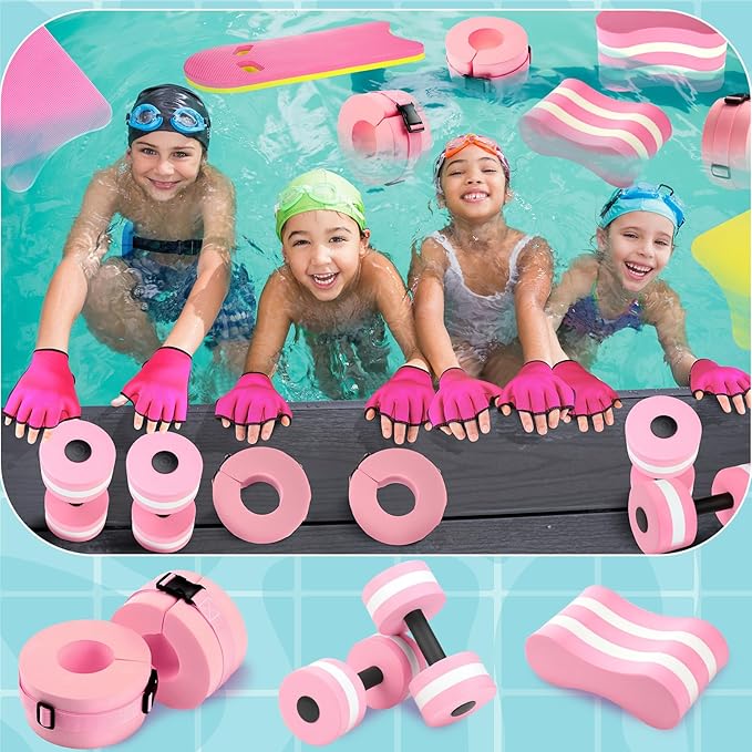 8 Pcs Water Aerobics Set Including Exercise Foam Dumbbells Aquatic Swim Belt Pull Buoy Swim Kickboard Sport Gloves Water Weights Equipment for Aquatic Fitness Weight Loss Fitness Tool