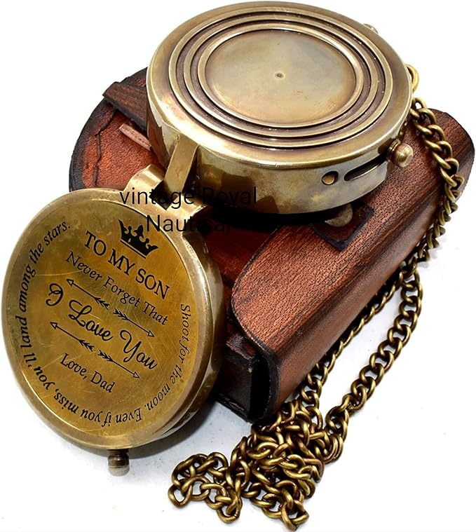 AASIYA Brass Chain Compass with Leather Case