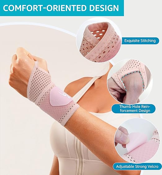 HiRui 2-Pack Ultra-Thin Mesh Wrist Wraps - Breathable, Adjustable Wrist Support for Workouts & Daily Use - Unisex Wrist Brace for Pain Relief, Tendonitis, Carpal Tunnel - One Size Fits All (Pink)