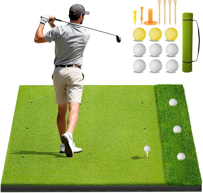 Heavy-Duty 5x4FT Golf Hitting Mat – Dual Turf Design Simulates Fairway & Rough for Real Course Feel, Indoor/Outdoor Practice Mat for Full Swing & Chipping Training, Easy Carry Strap