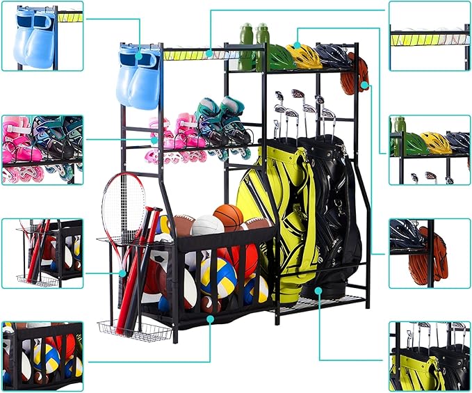 LUGO Garage Sports Equipment Organizer with Baskets and Hooks