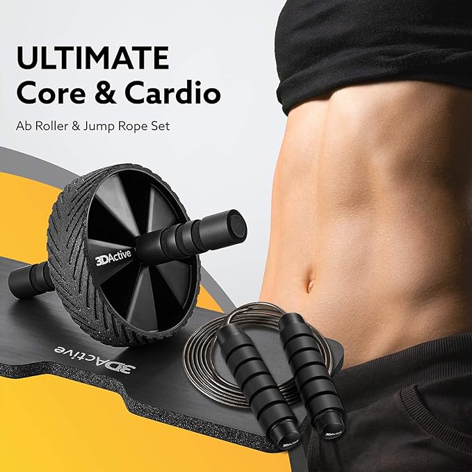 3DActive Ab Roller Wheel with Jump Rope & Knee Mat. Home Gym Exercise Equipment for Abs Workout, Core Training & Cardio Workouts.