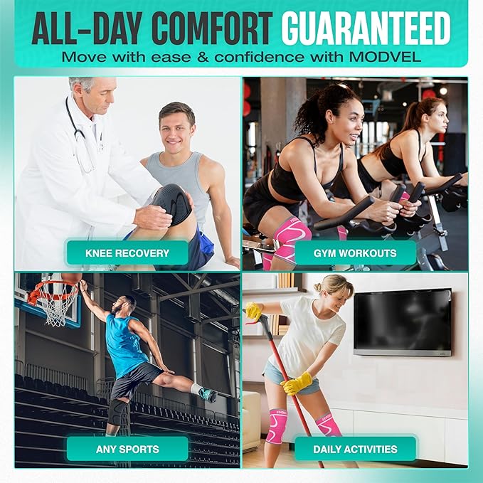 Modvel 2 Pack Knee Brace for Women & Men - Workout Knees Compression Sleeve for Knee Pain Relief Joint Support for ACL, Arthritis, Meniscus Tear Knees Brace for Sports, Rodilleras para Gym Fitness