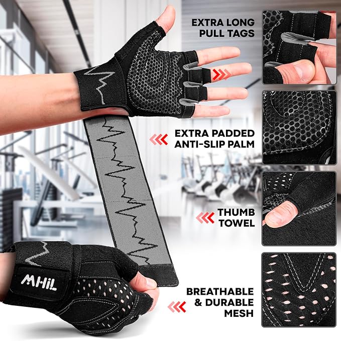 MhIL Workout Gloves for Men โ Comfortable Gym Gloves for Men with Enhanced Grip for Safety and Hand Protection โ Weight Lifting Protection with Wrist Wraps Support for Performance Boost and Style