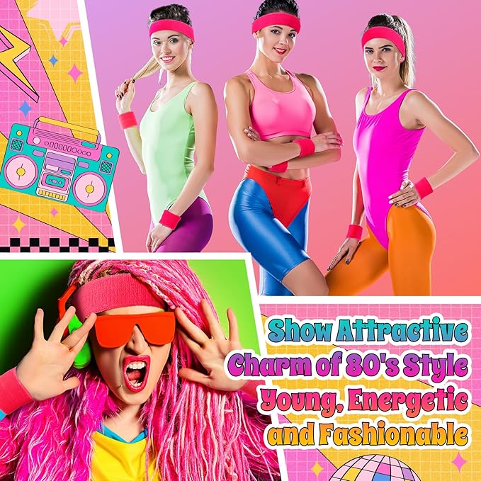 3 Pack Neon Sweatbands Sports Wristband and Headband 80s Sweatbands for Party Football Basketball Baseball Soccer