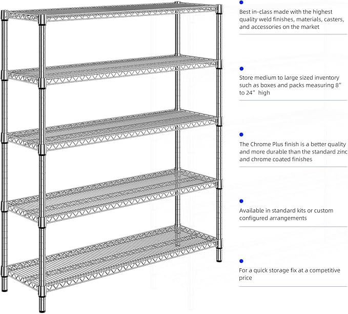 5 Tier Storage Rack Metal Wire Shelving Unit, Storage Standing Shelf Organizer for Laundry Bathroom Kitchen Pantry Closet Garage Basement Utility Room, Chrome 17.7" D x 59.1" W x 70.4" H