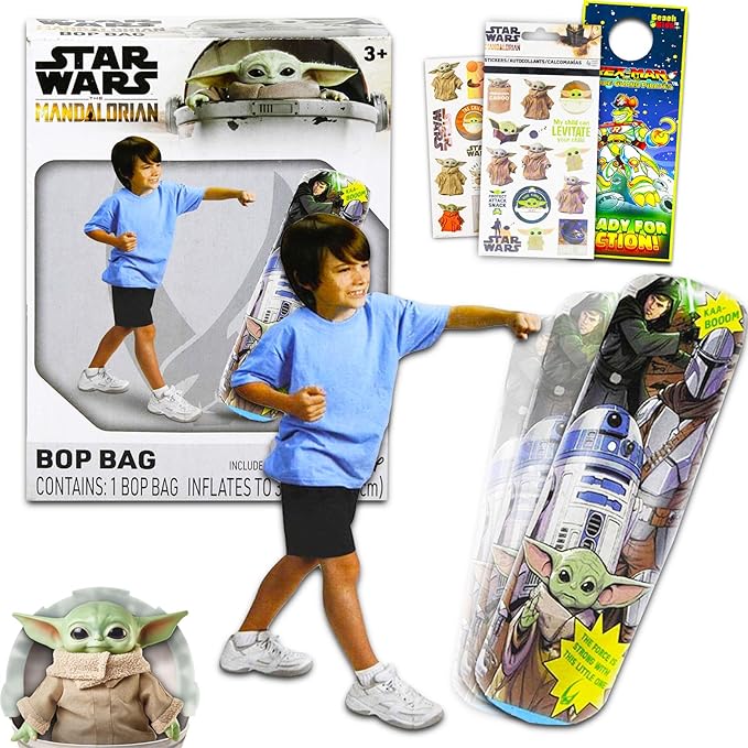Mandalorian Bop Bag for Kids - Star Wars Toy Bundle with Baby Yoda Punching Bag for Outdoor Play, Plus Stickers and More | Mandalorian Excercise Toy for Kids