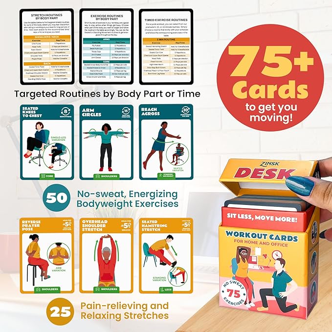 75 Desk Workout Cards – 50 Light Bodyweight 25 Stretches 3.5x2.5†Workstation