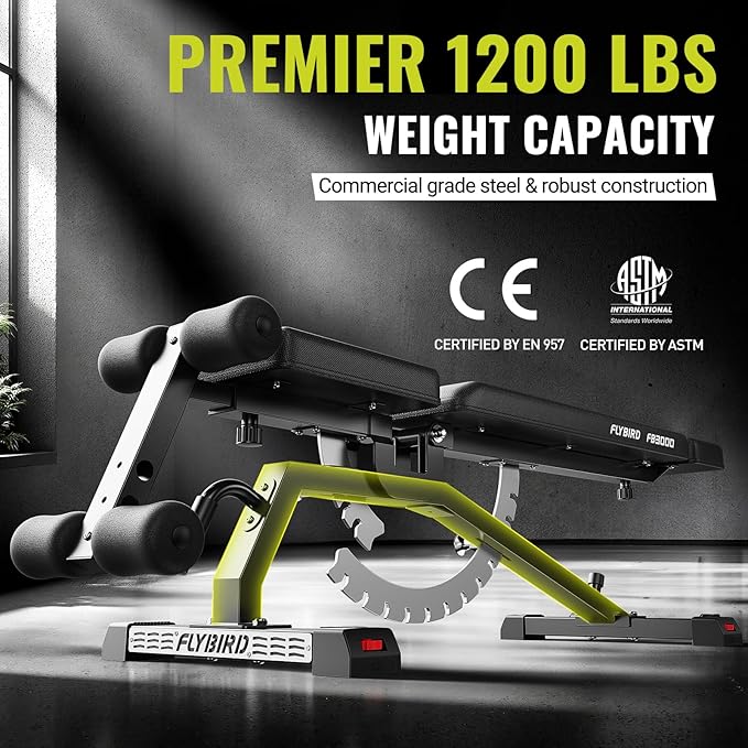 FLYBIRD Adjustable Weight Bench, Vertical Storage Space-Saving Workout Bench, 1200lbs Capacity Strength Training Bench with Detachable Headrest and Leg Support for Home Gym