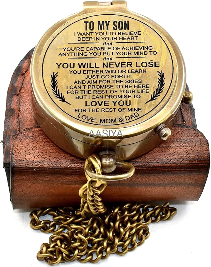 AASIYA Brass Chain Compass with Leather Case