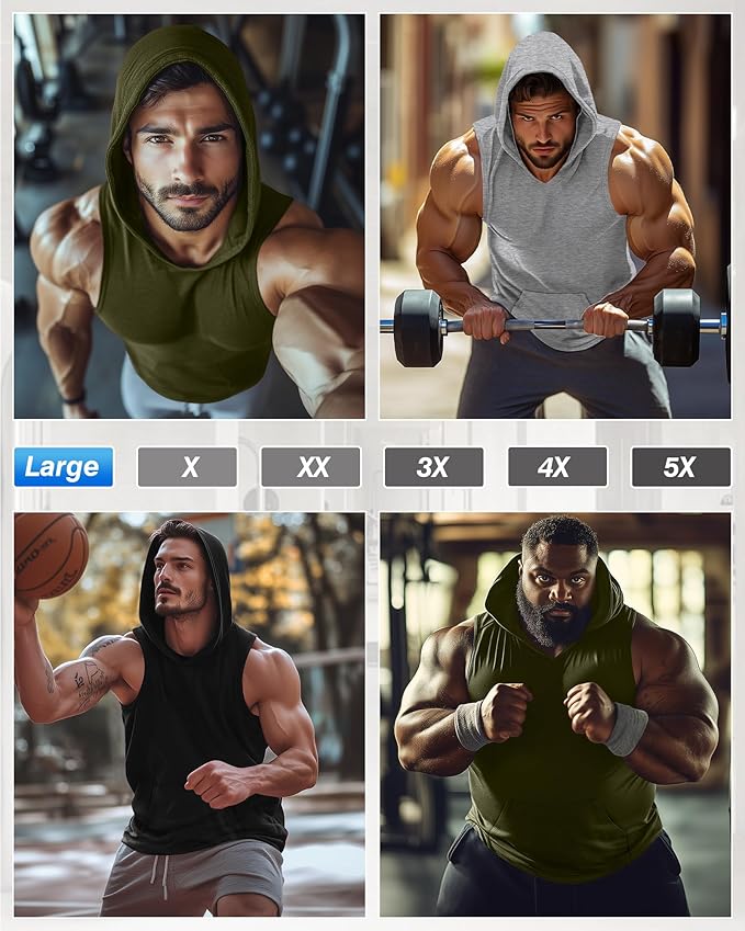 3 Pack Men's Big & Tall Workout Hooded Tank Tops, Cotton Sleeveless Gym Hoodies Bodybuilding Muscle Cut Off Shirts